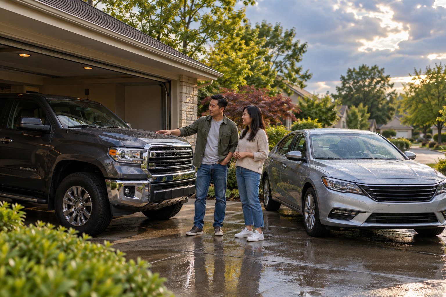 People reviewing a pickup and sedan at home before choosing vehicle coverage