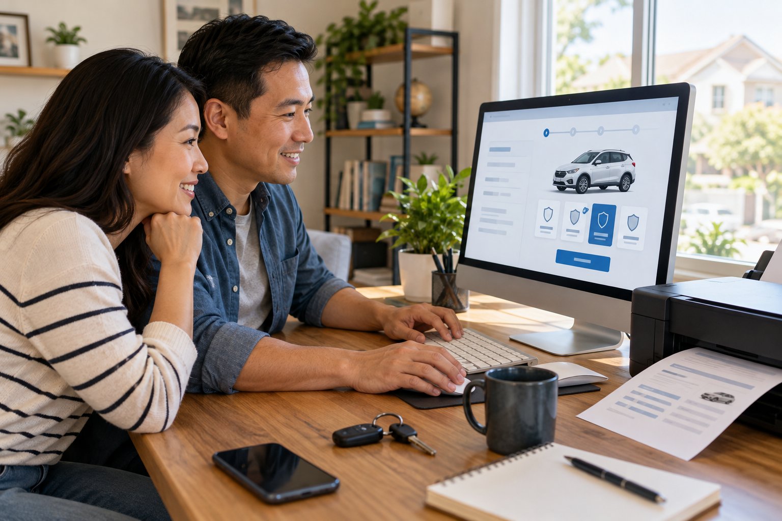 People using a computer to review vehicle coverage online with a printer ready for documents