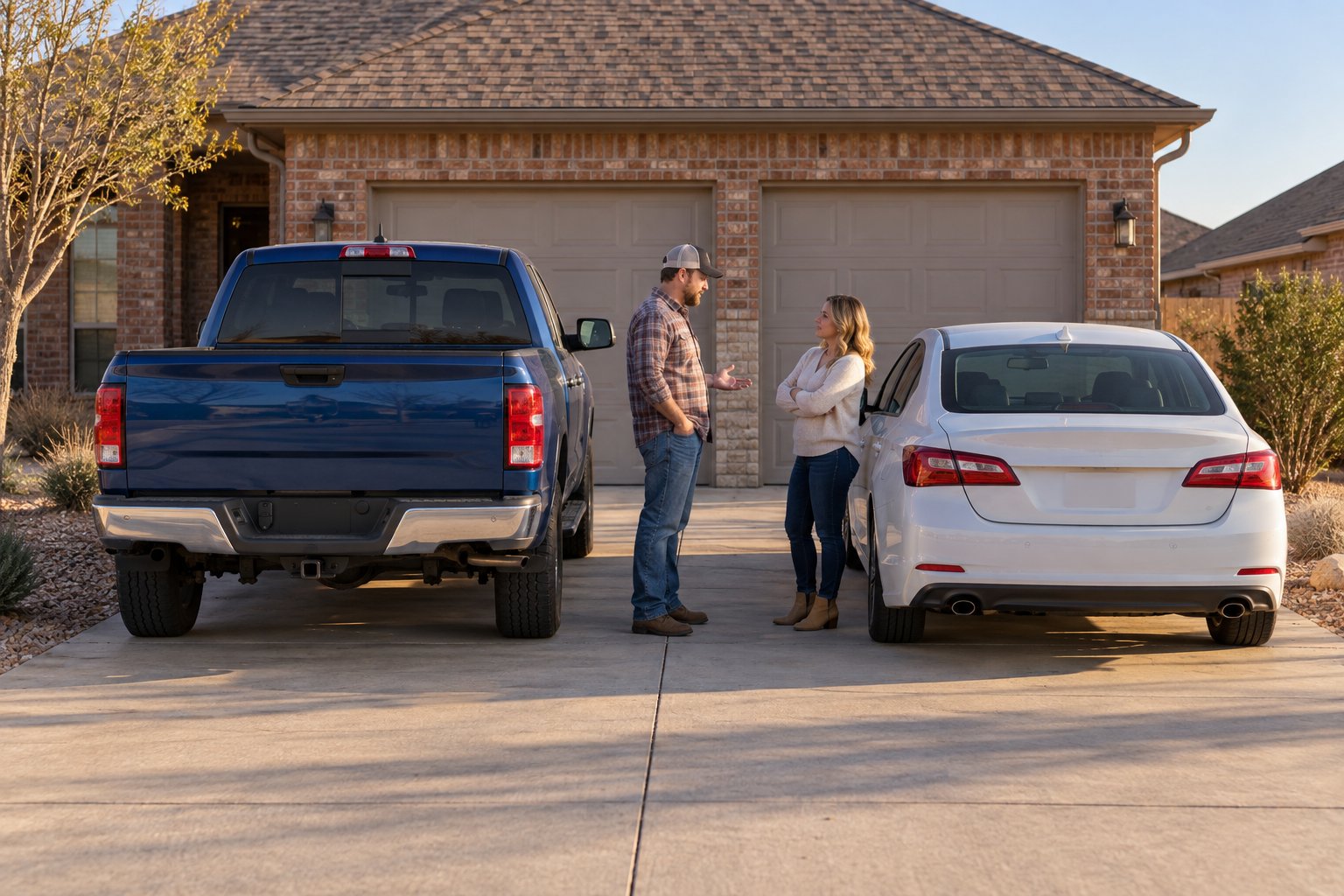 People reviewing a pickup and sedan at home before choosing vehicle coverage