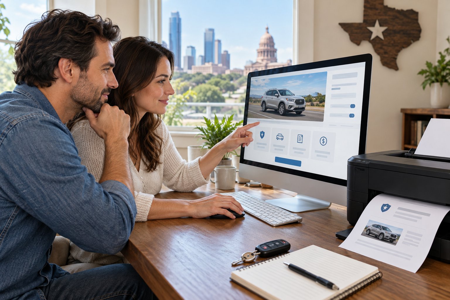 People reviewing vehicle coverage on a computer with a printer ready for proof
