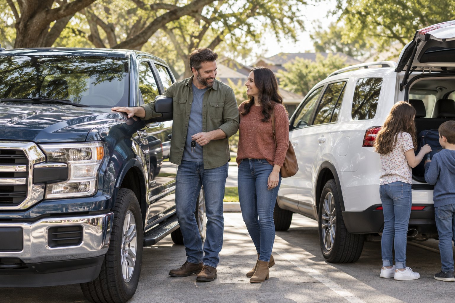 Adults reviewing vehicle ownership and protection before buying