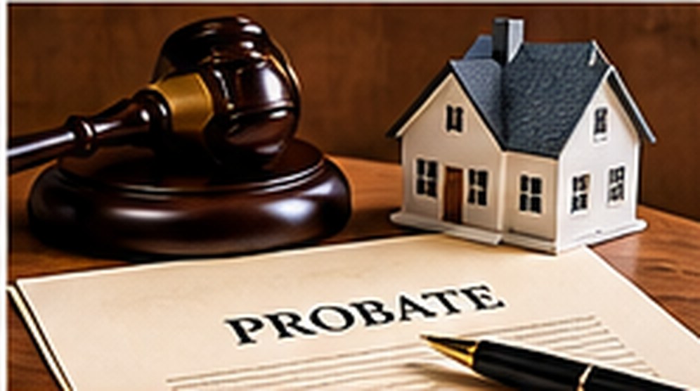 House model beside probate documents and a legal gavel