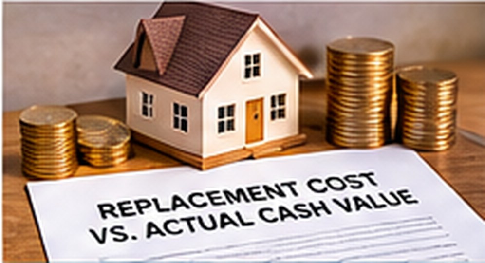 House model and coins illustrating replacement cost versus actual cash value
