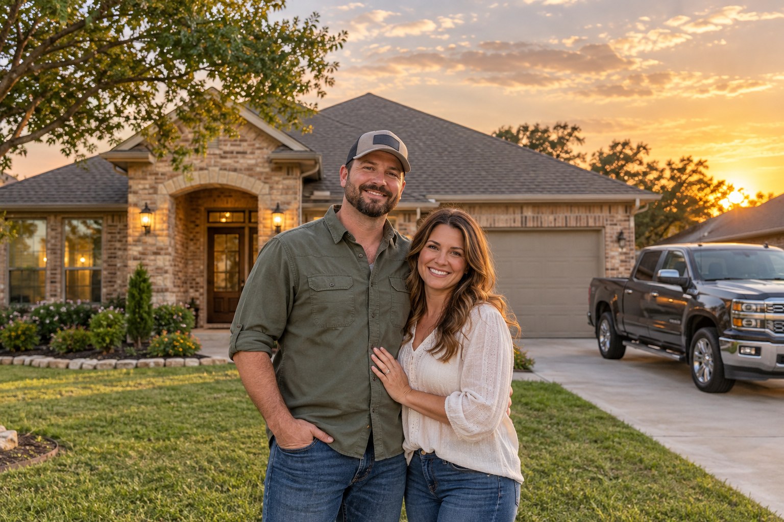 Texas couple outside their brick home with a pickup truck in the driveway