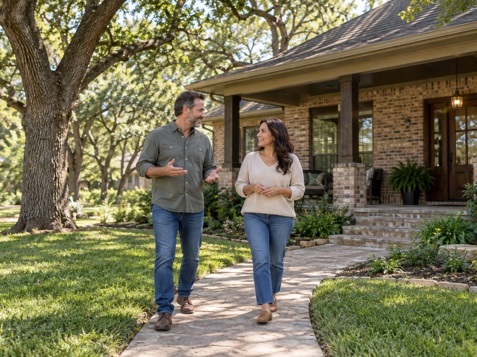 Waco homeowners insurance: couple outside a home with a landscaped front yard