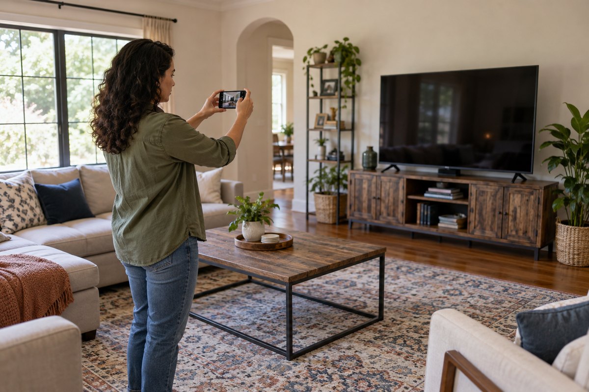 Homeowner photographing living-room belongings with a phone for a personal property inventory