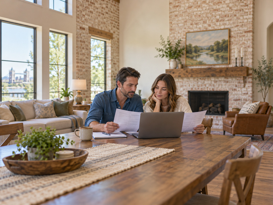 Couple comparing Waco home insurance quotes with a laptop and coverage paperwork