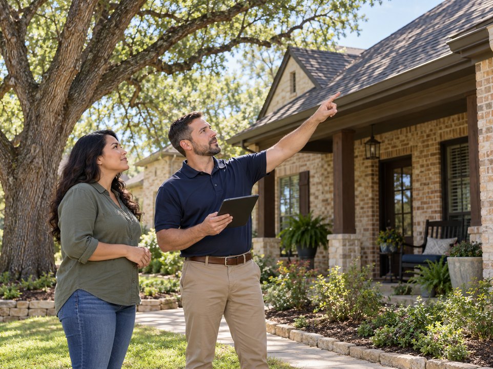 Homeowner and inspector reviewing a shingle roof and gutters from the ground with a tablet