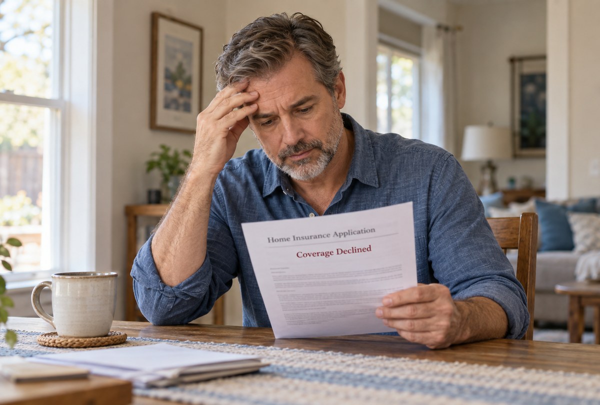 Homeowner reviewing a notice letter after being denied home insurance in Texas with a hand resting on his forehead