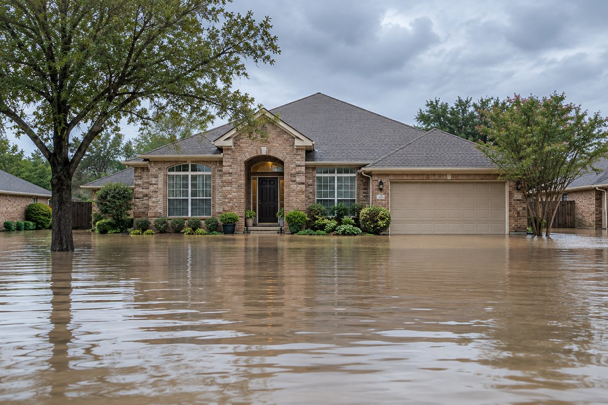 Texas flood insurance illustration showing floodwater around a brick home