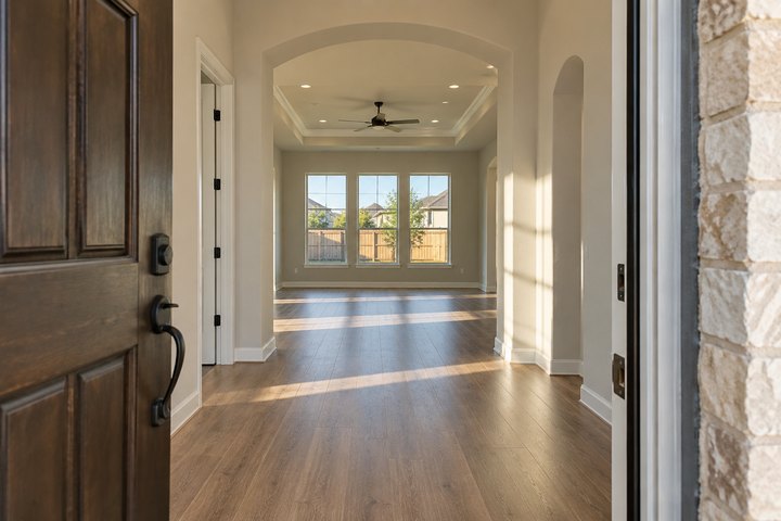Open front door leading into an empty home