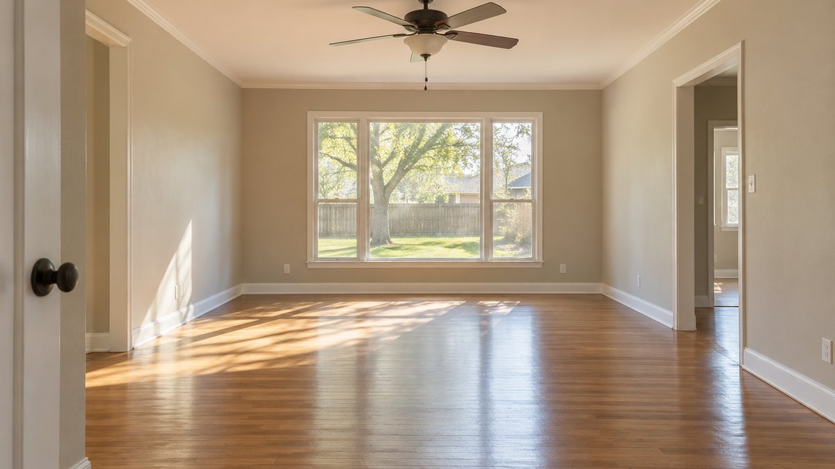 Unfurnished living room with wood floors and sunlight through a large window