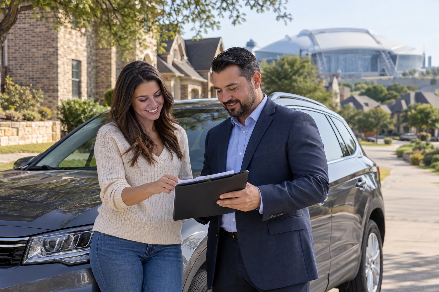 Vehicle owner reviewing coverage beside a parked car