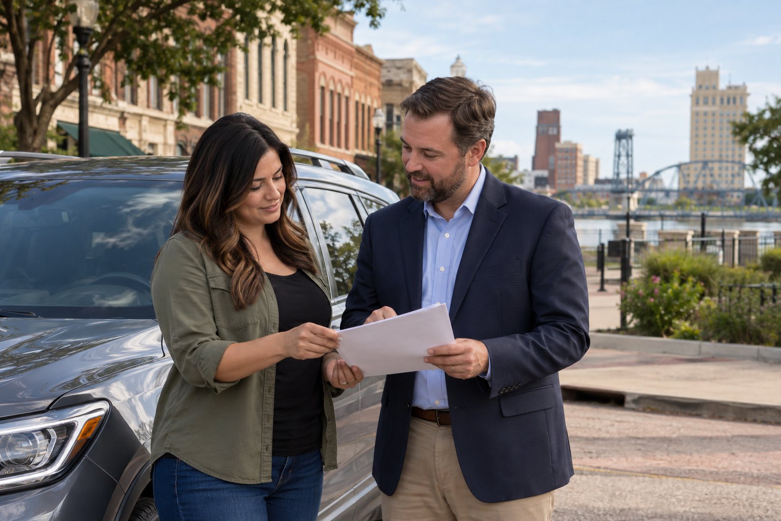 Vehicle owner reviewing coverage beside a parked car