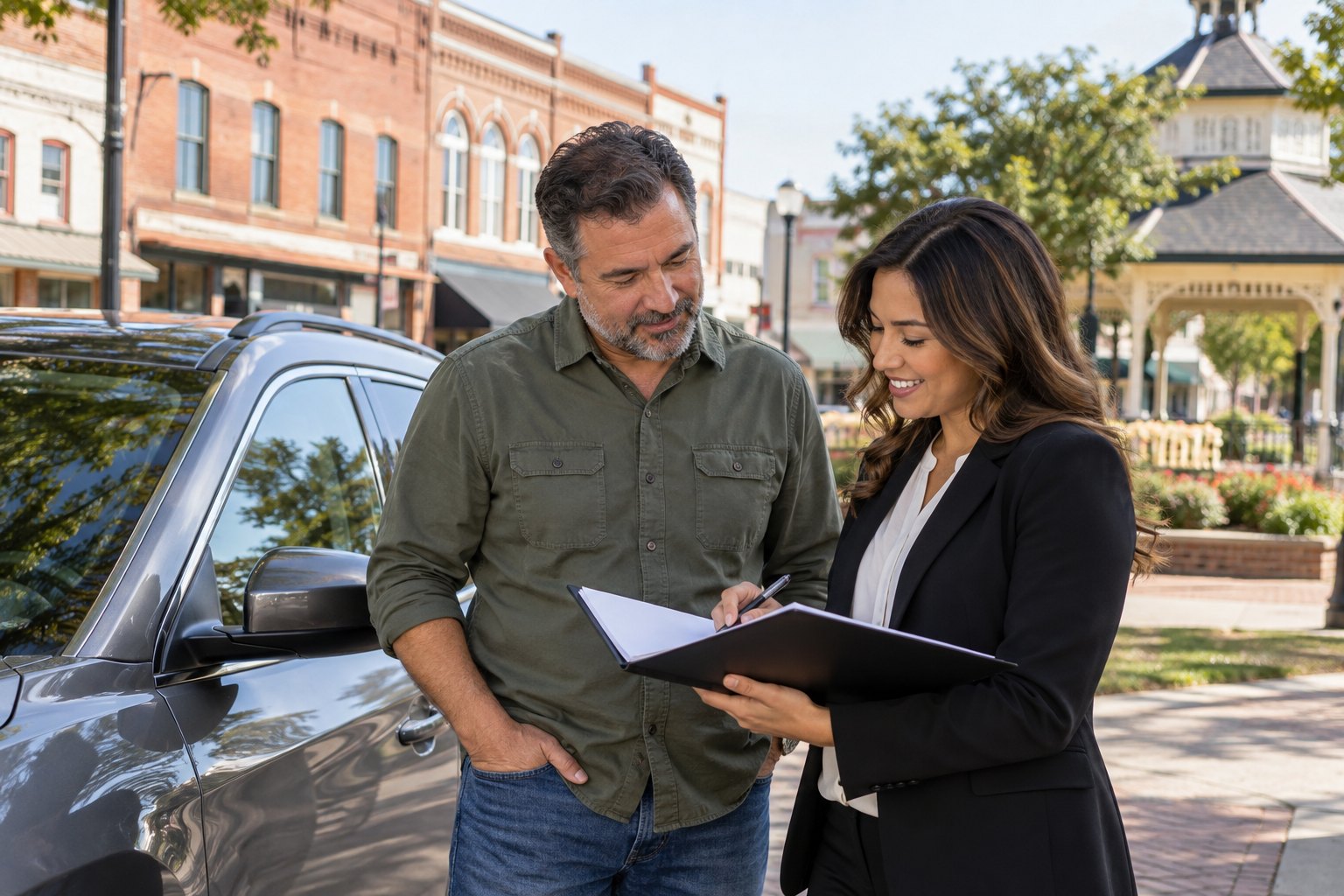 Vehicle owner reviewing coverage beside a parked car