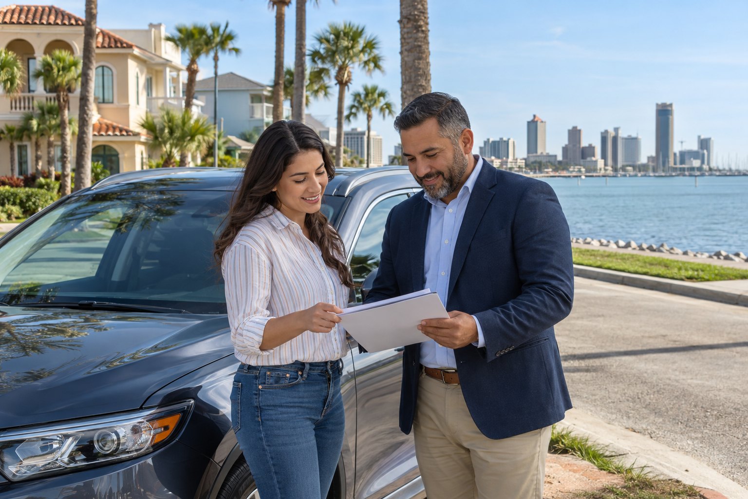 Vehicle owner reviewing coverage beside a parked car