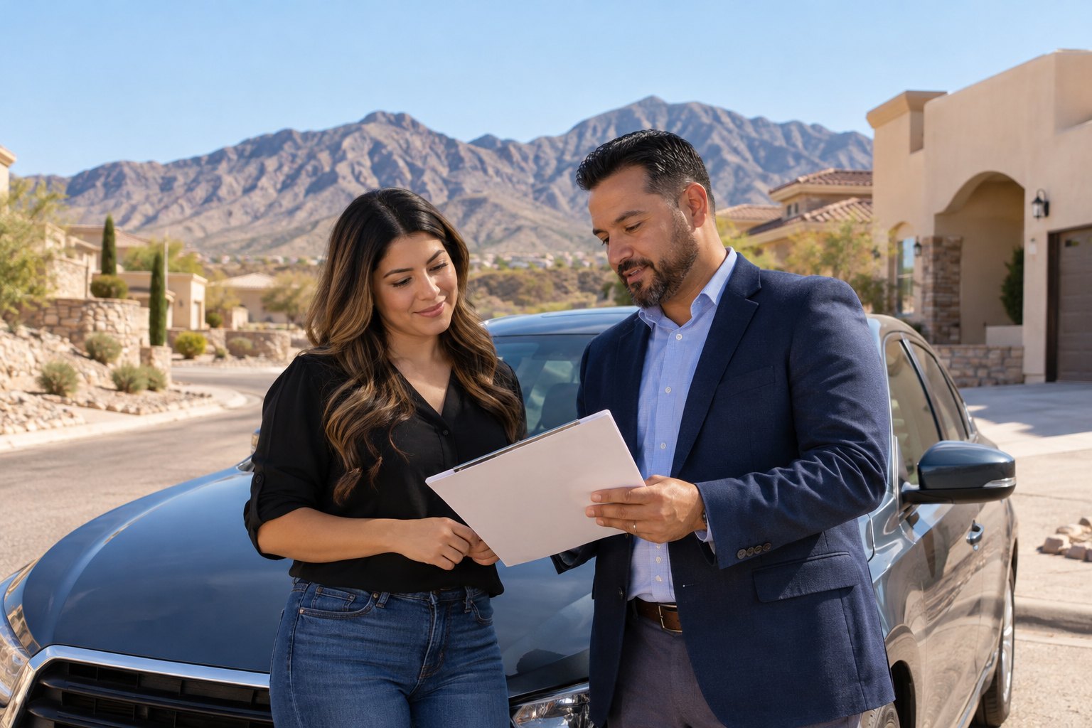 Vehicle owner reviewing coverage beside a parked car