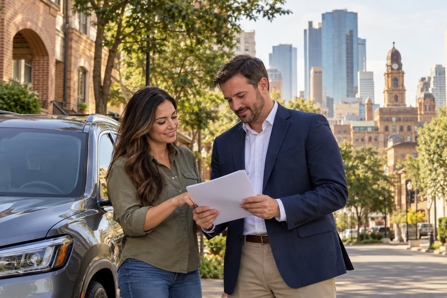 Vehicle owner reviewing coverage beside a parked car