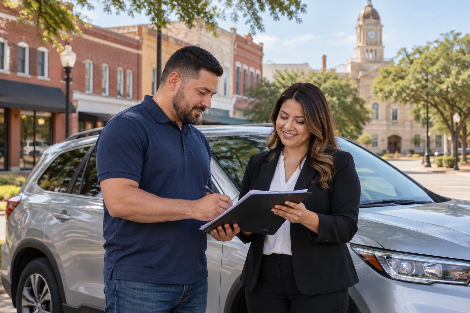 Vehicle owner reviewing coverage beside a parked car