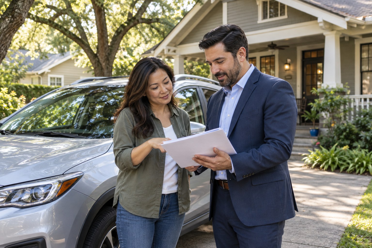 Vehicle owner reviewing coverage beside a parked car