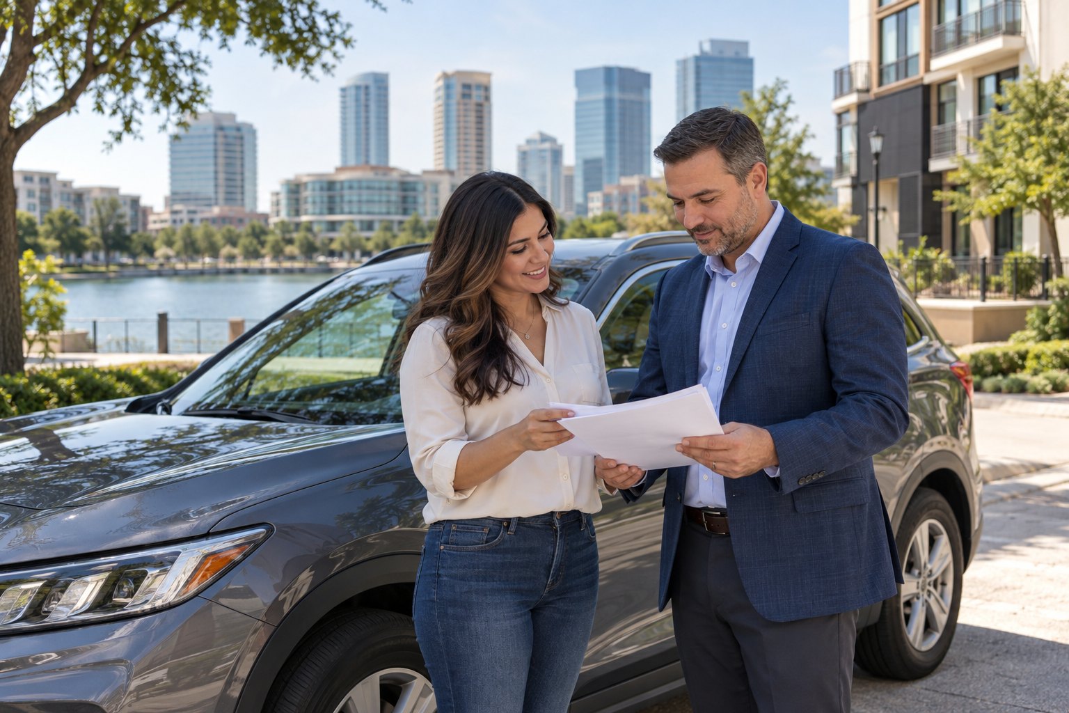 Vehicle owner reviewing coverage beside a parked car