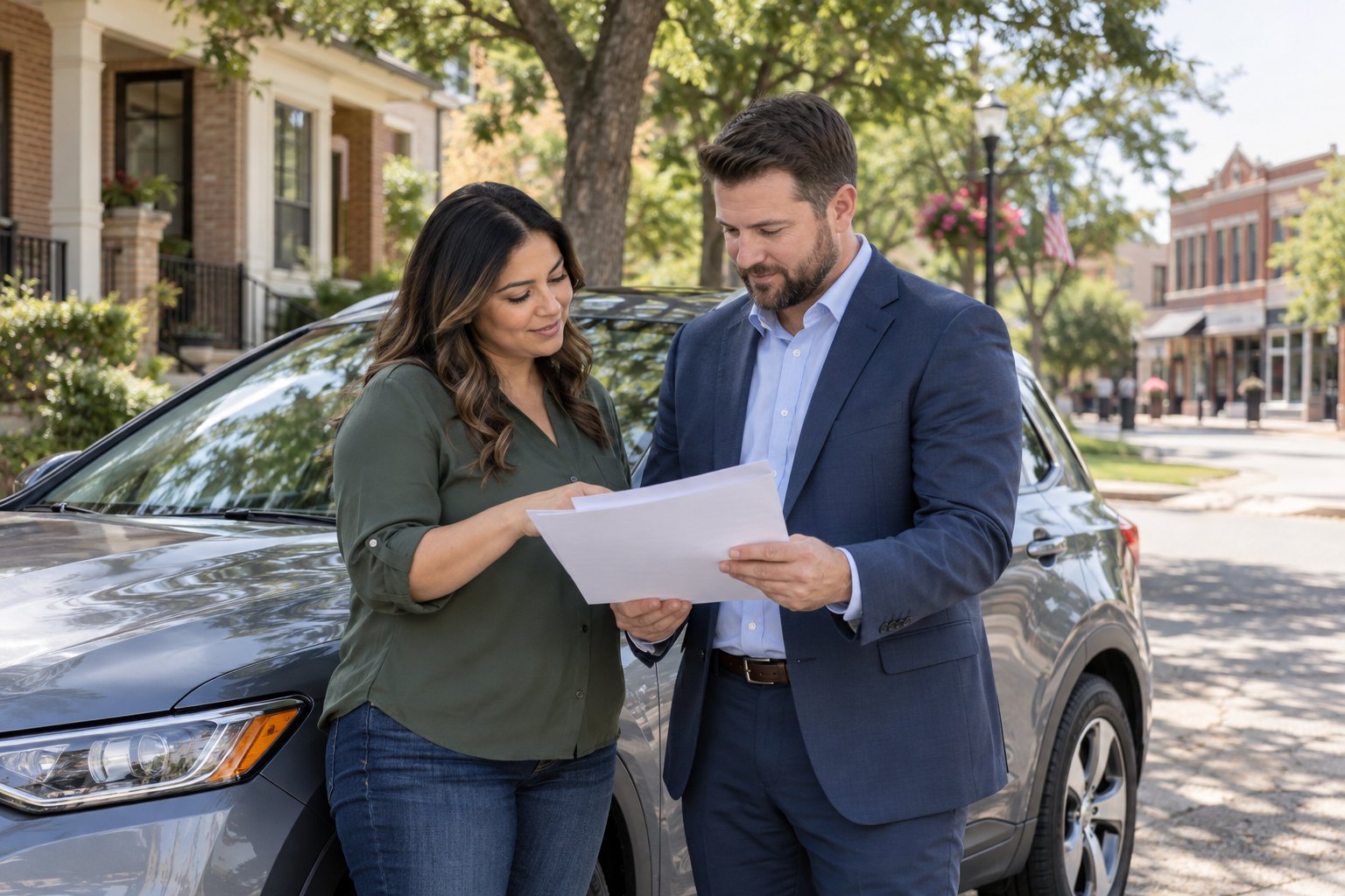 Vehicle owner reviewing coverage beside a parked car