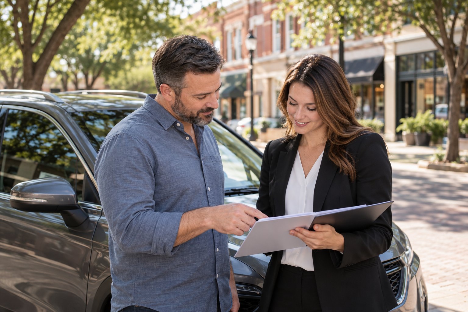 Vehicle owner reviewing coverage beside a parked car